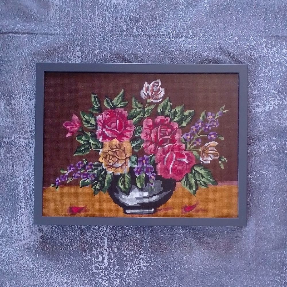 Vintage Needlepoint Art with Red, Pink, Yellow, Green Blooms